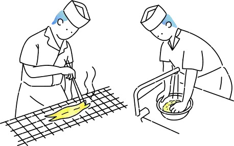 お寿司屋さんでお米を炊く作業 / 穴子を焼く作業